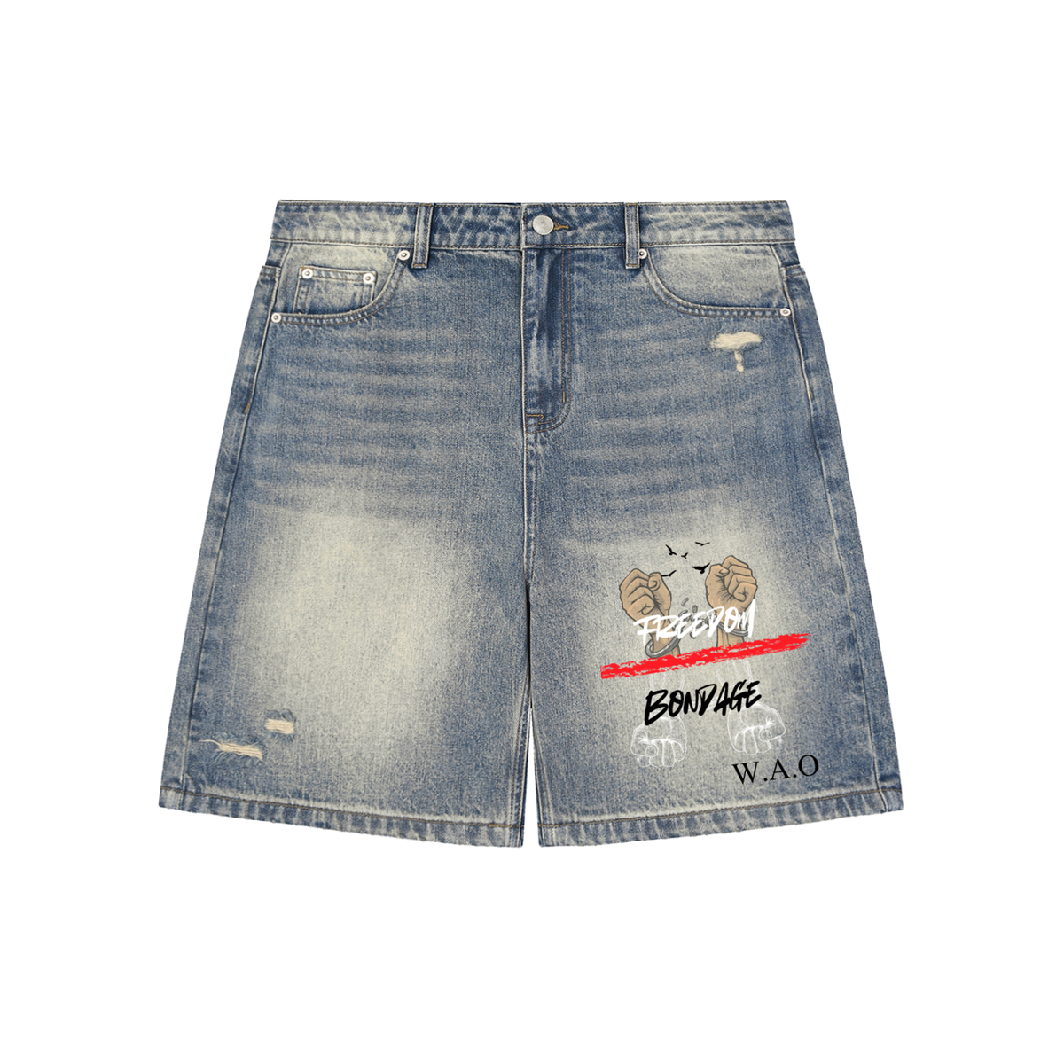 W.A.O - Freedom Over Bondage Faded Distressed Baggy Denim Shorts
