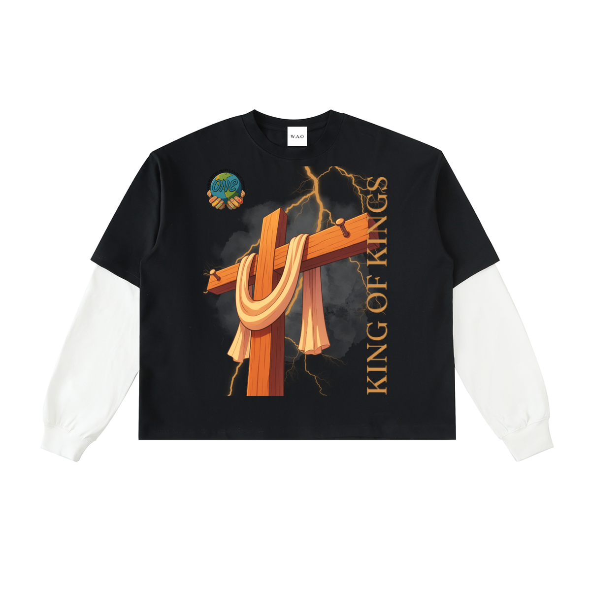 W.A.O - K.O.K Layered Contrast Sleeve Cotton T-Shirt