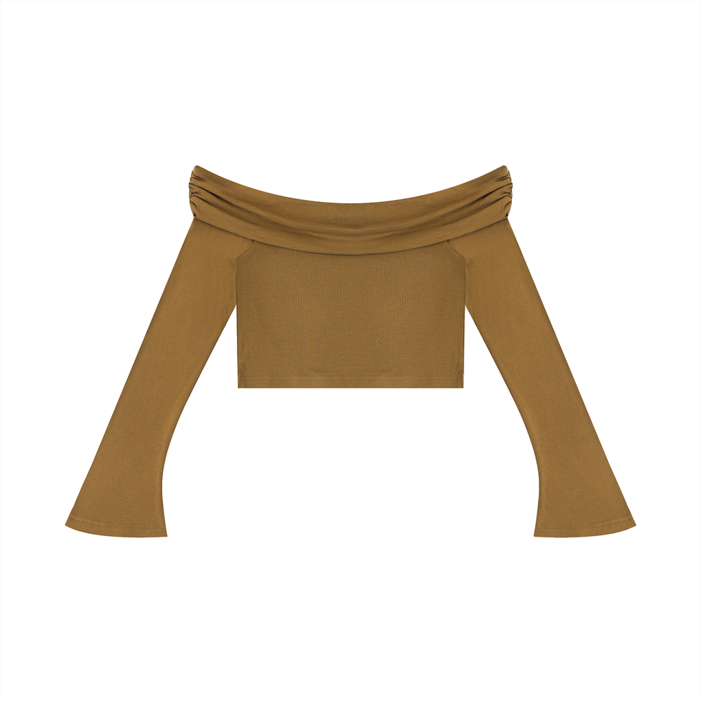W.A.O - Women's Off-the-Shoulder Bell Sleeve Crop T-Shirt