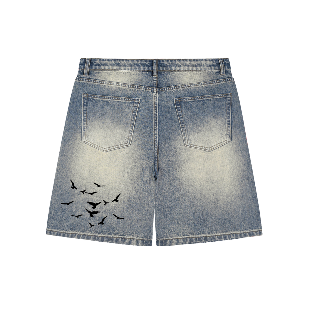 W.A.O - Freedom Over Bondage Faded Distressed Baggy Denim Shorts