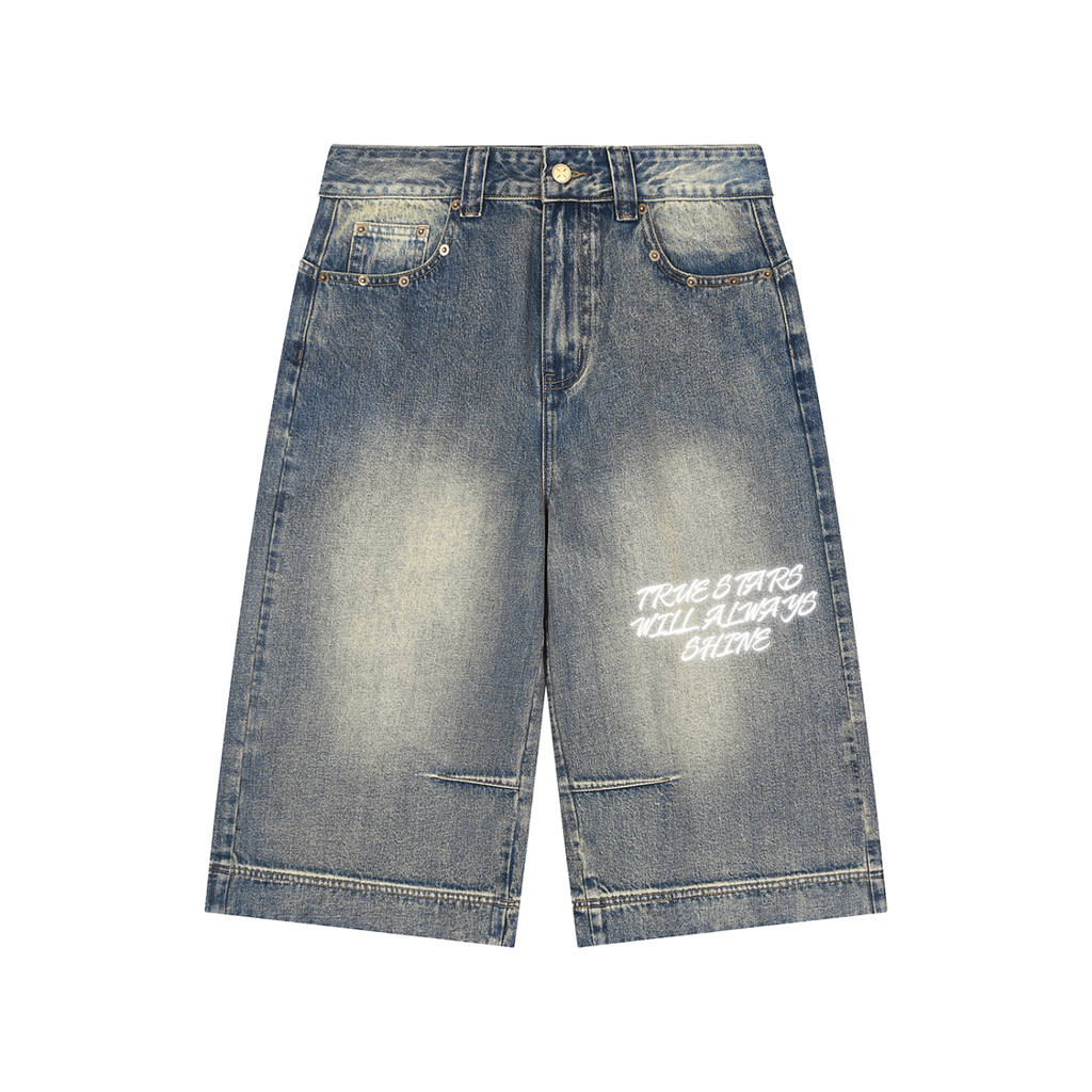 W.A.O - "True Stars" Vintage Wash Baggy Denim Shorts
