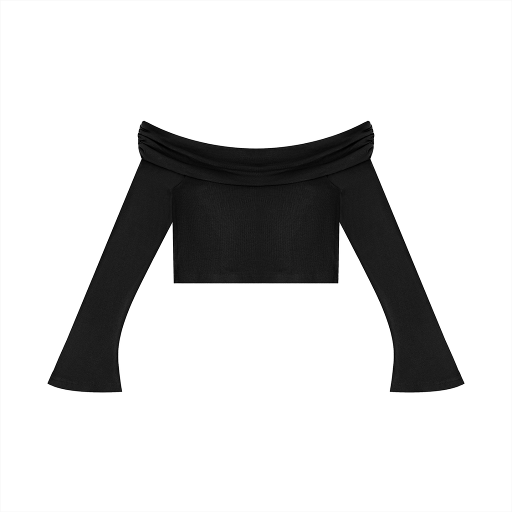 W.A.O - Women's Off-the-Shoulder Bell Sleeve Crop T-Shirt