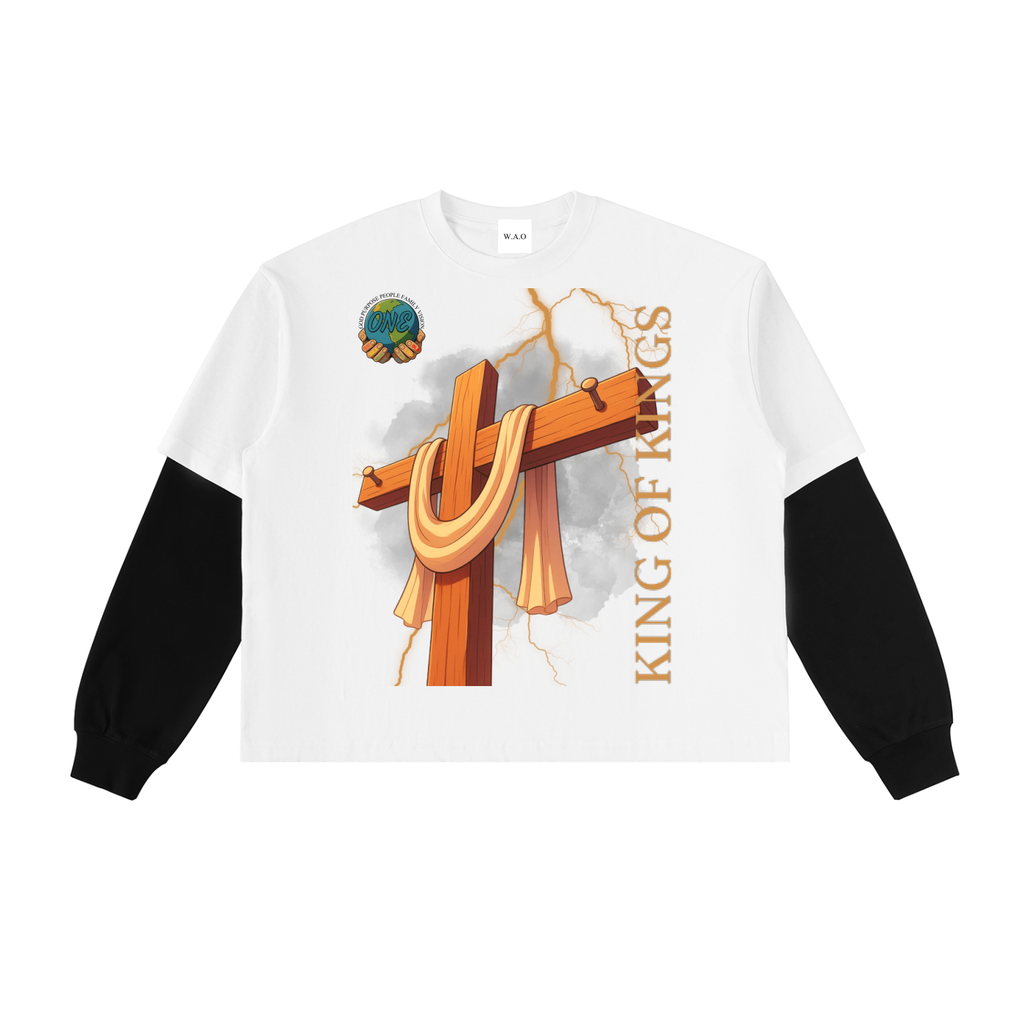 W.A.O - K.O.K Layered Contrast Sleeve Cotton T-Shirt